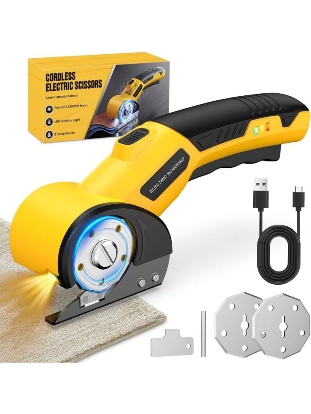 Cordless Electric Scissors - 320RPM Motor, Rechargeable 3000mAh Battery, Extra